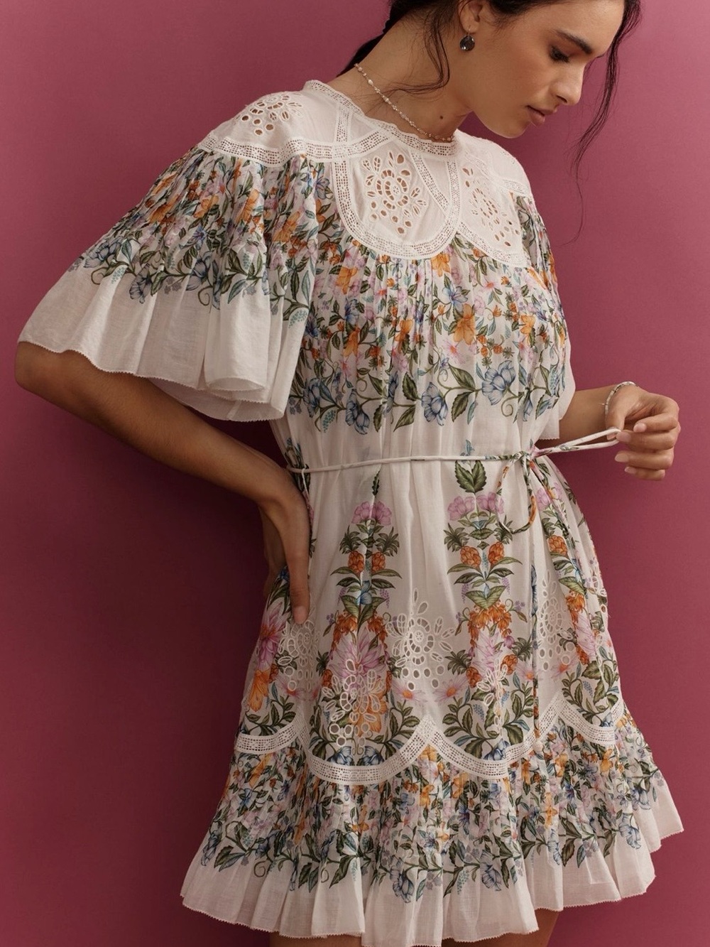NWT FARM Rio White Floral Eyelet Tie-Waist Mini Dress